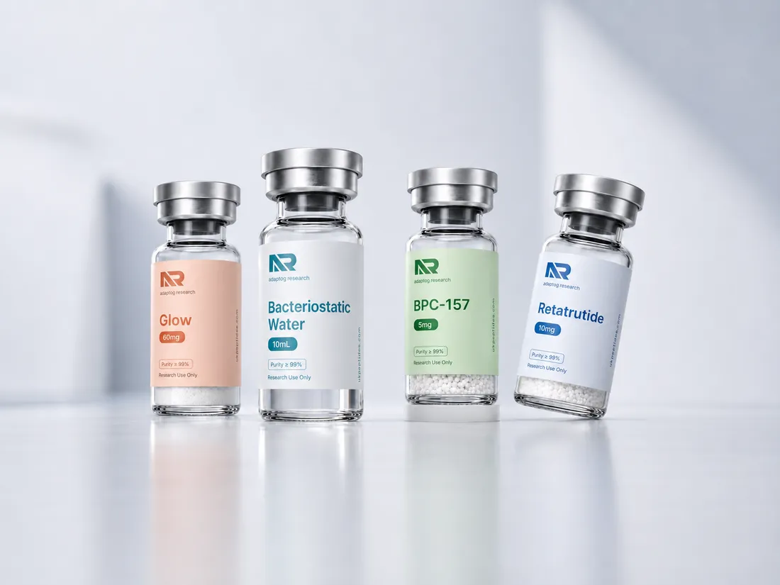 UK Peptides research peptide vials — BPC-157, Retatrutide, GHK-Cu, ≥99% purity